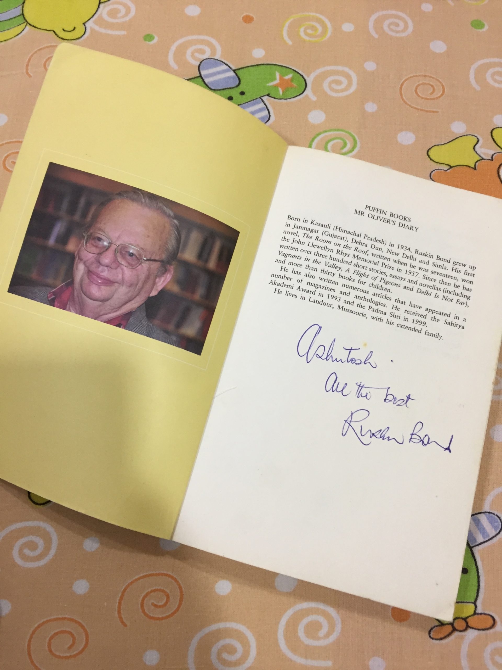 A picture of the book Mr Oliver's Diary, signed by Ruskin bond himself