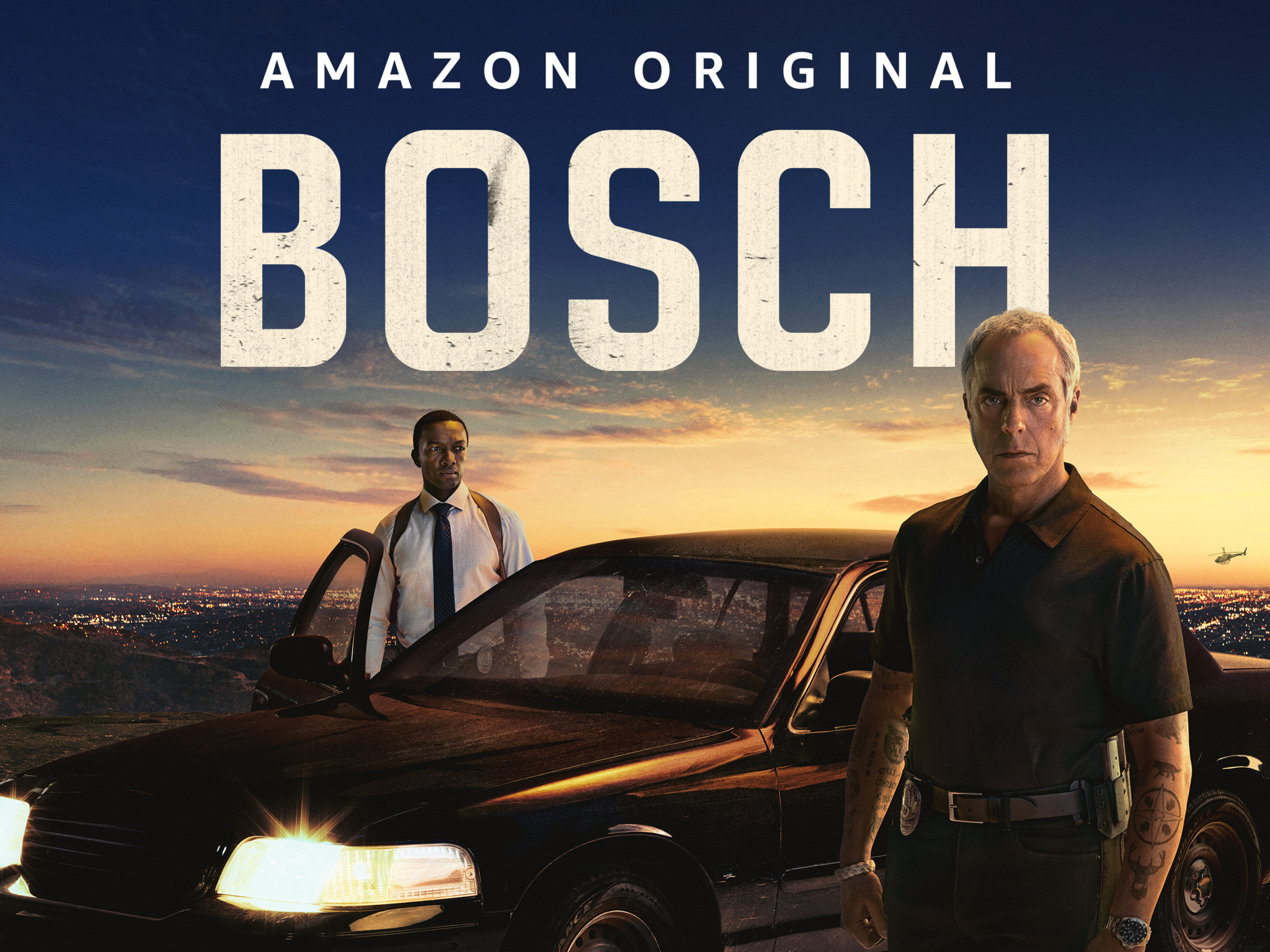 Poster of the show, showing detective Bosch and his aide, Jerry, beside a car in the LA desert