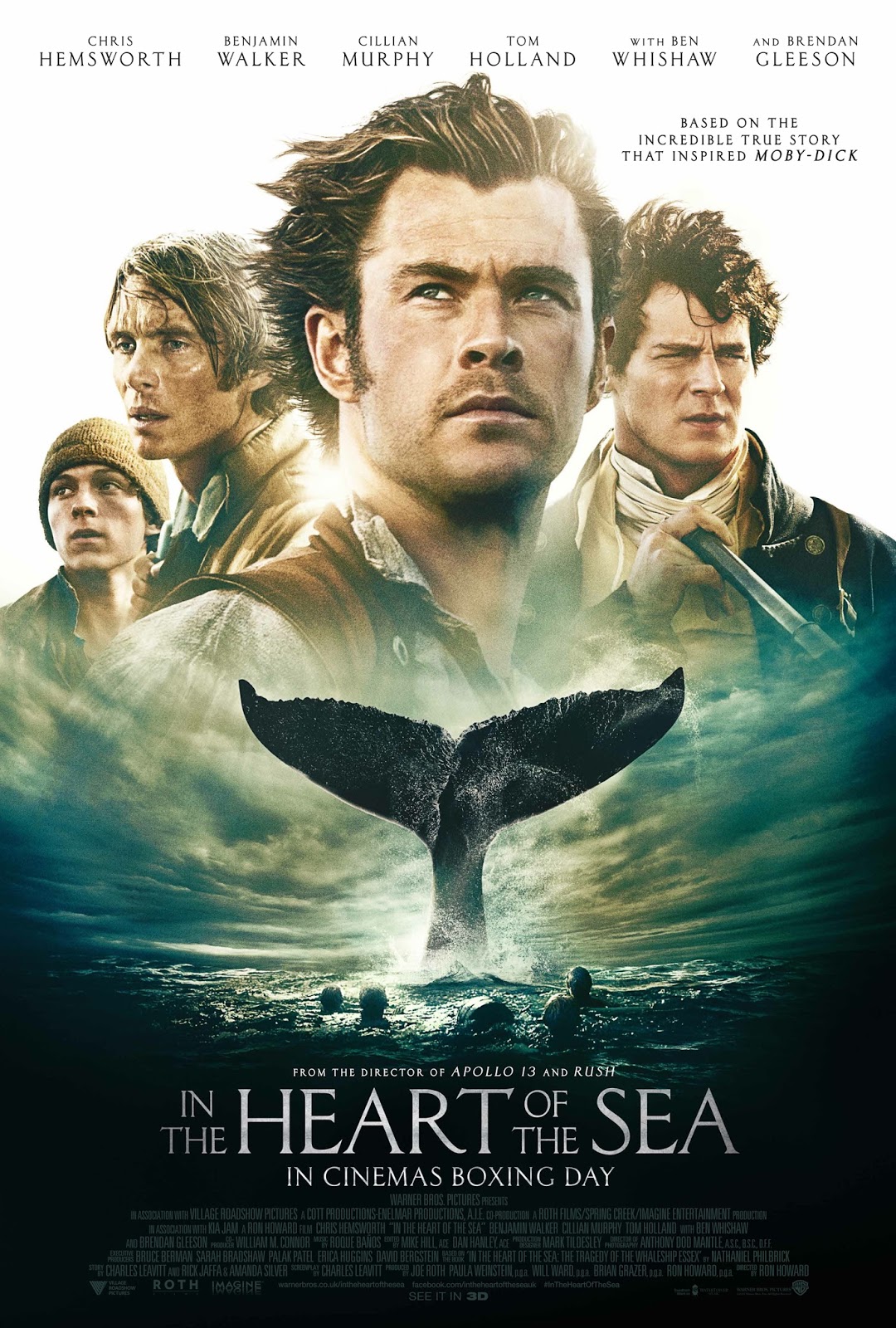 Poster of In The Heart of The Sea showing the faces of Chris Hemsworth, Benjamin Walker, Cillian Murphy, and Tom Holland, above an of shipwrecked men in the sea with a huge whale's tail hovering above them, waiting to strike